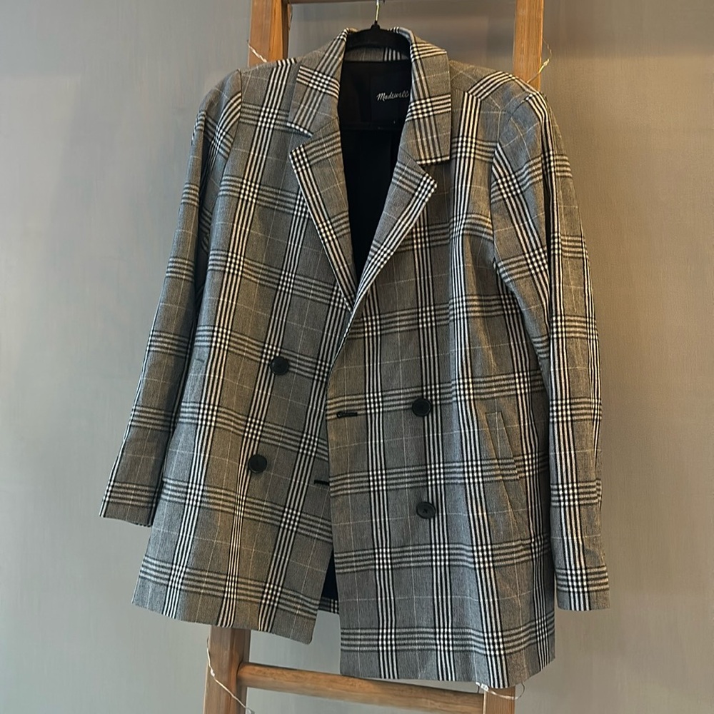 Madewell Black and Gray Plaid Double-Breasted Blazer